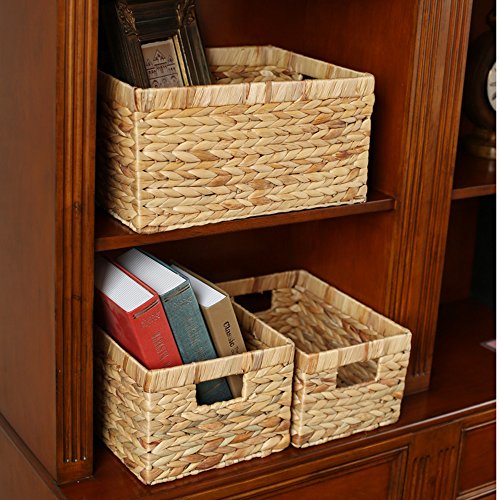 Storage Baskets,Woven Natural Water hyacinth Box with Handle,Kingwillow.(Set of 3) - size: Set of 3