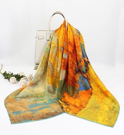100% Silk Scarf 43" Large Square Lightweight Headscarf& Shawl–Women Hair Wraps-With Gift Packed - color: Oil Painting-blue&gold