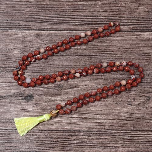 8MM Beads Chakra Long Mala Necklace Natural Stone Meditation Statement Necklace Japa Yoga Buddhist Rosary Prayer Charm Beaded Tassel Necklace - color: Redstone