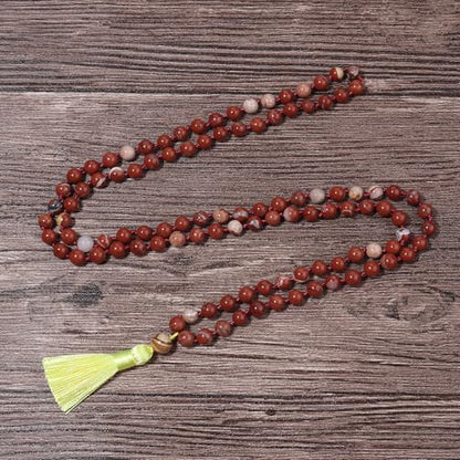 8MM Beads Chakra Long Mala Necklace Natural Stone Meditation Statement Necklace Japa Yoga Buddhist Rosary Prayer Charm Beaded Tassel Necklace - color: Redstone