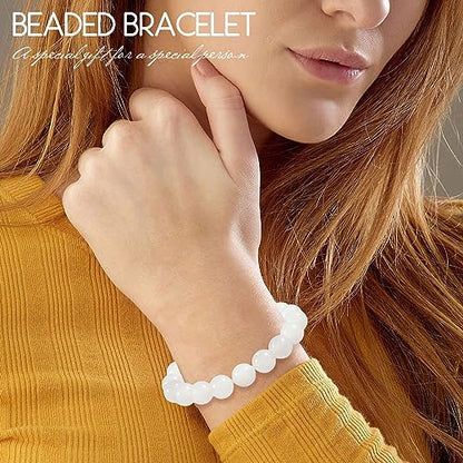 Natural Stretch Jade Bracelet for Women Men 10MM Bead 6.7 Inch to 7.5 inch Healing Crystal Energy Gemstone Bracelet for Women Men Gift - color: white