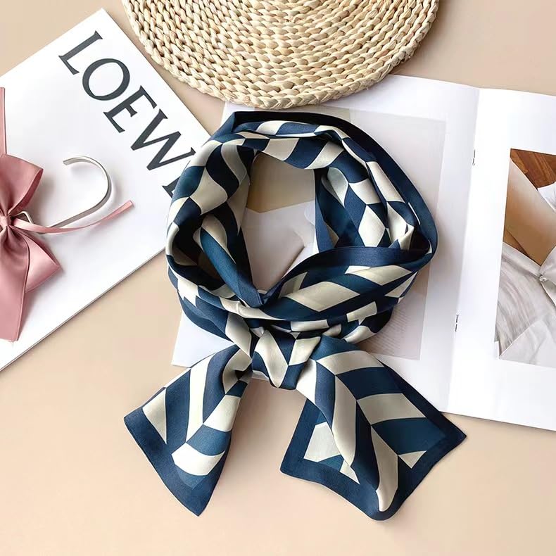 100% Silk Scarf for Women 59”*6.3” Long Shawls for Headscarf and Neck- Oblong Hair Wraps with Gift Packed - color: White&blue Geometry