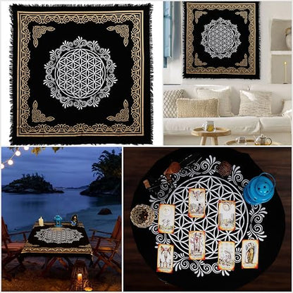 Indian Consigners Altar Cloth Flower of Life Witchcraft Alter Tarot Spread Top Cloth Wiccan Square Spiritual 18 by 18 Sacred (Flower of Life Gold Silver) - color: Flower of Life Gold Silver