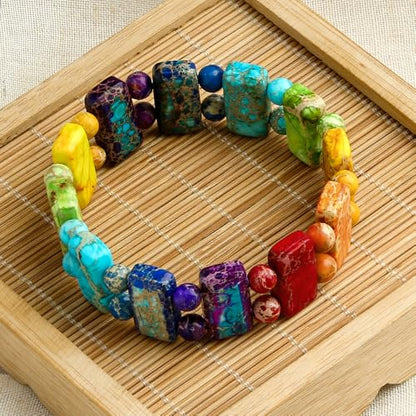 Yomisa Boho Beaded Bracelets for Women,Natural Chakra Turquoise Stone Jasper Bead Bracelet for Womens,Bohemian Handmade Stretch Beads Friendship Bracelets,Healing Trendy Western Jewelry Gifts - color: Chakra