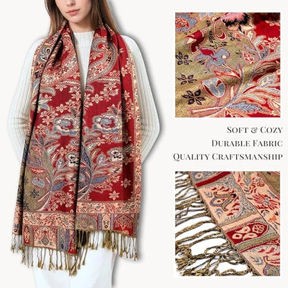 Achillea Elegant Paisley Floral Pashmina Shawl and Wrap – Boho Rave Scarf for Festival, Travel & Everyday Wear - color: Red Black