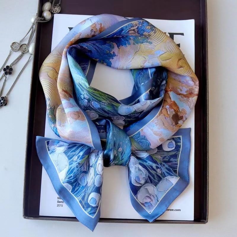 ANDANTINO 100% Silk Scarf for Women 59”*6.3” Long Shawls for Headscarf and Neck- Oblong Hair Wraps with Gift Packed - color: Oil Painting-blue