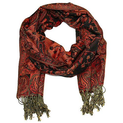 Falari Women's Reversible Paisley Pashmina Shawl Wrap Scarf For Evening Dresses Festivals Any Occasions All Seasons 80"x27" - color: Style 1 - Black Rust