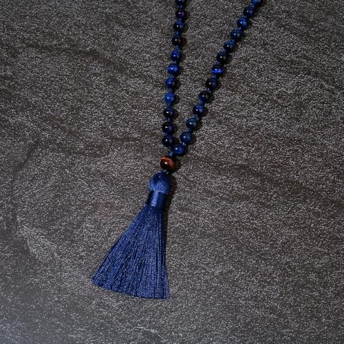 8mm Natural Stone 108 Mala Beads Necklace for Men and Women - color: Lapis Lazuli Blue Tiger Eye