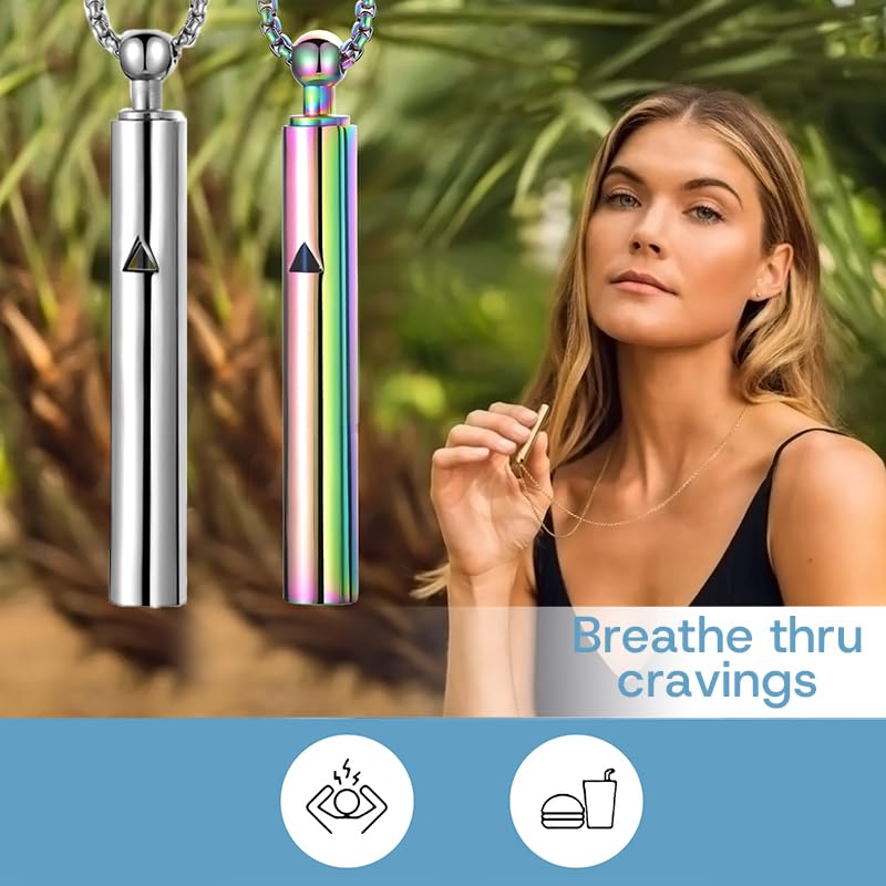 Anxiety Breathe Easy Necklace Mindfulness Breathing Necklace Breathlace Stainless Steel Pendant for Natural Calm & Stress Relief - color: Steel+Rainbow T