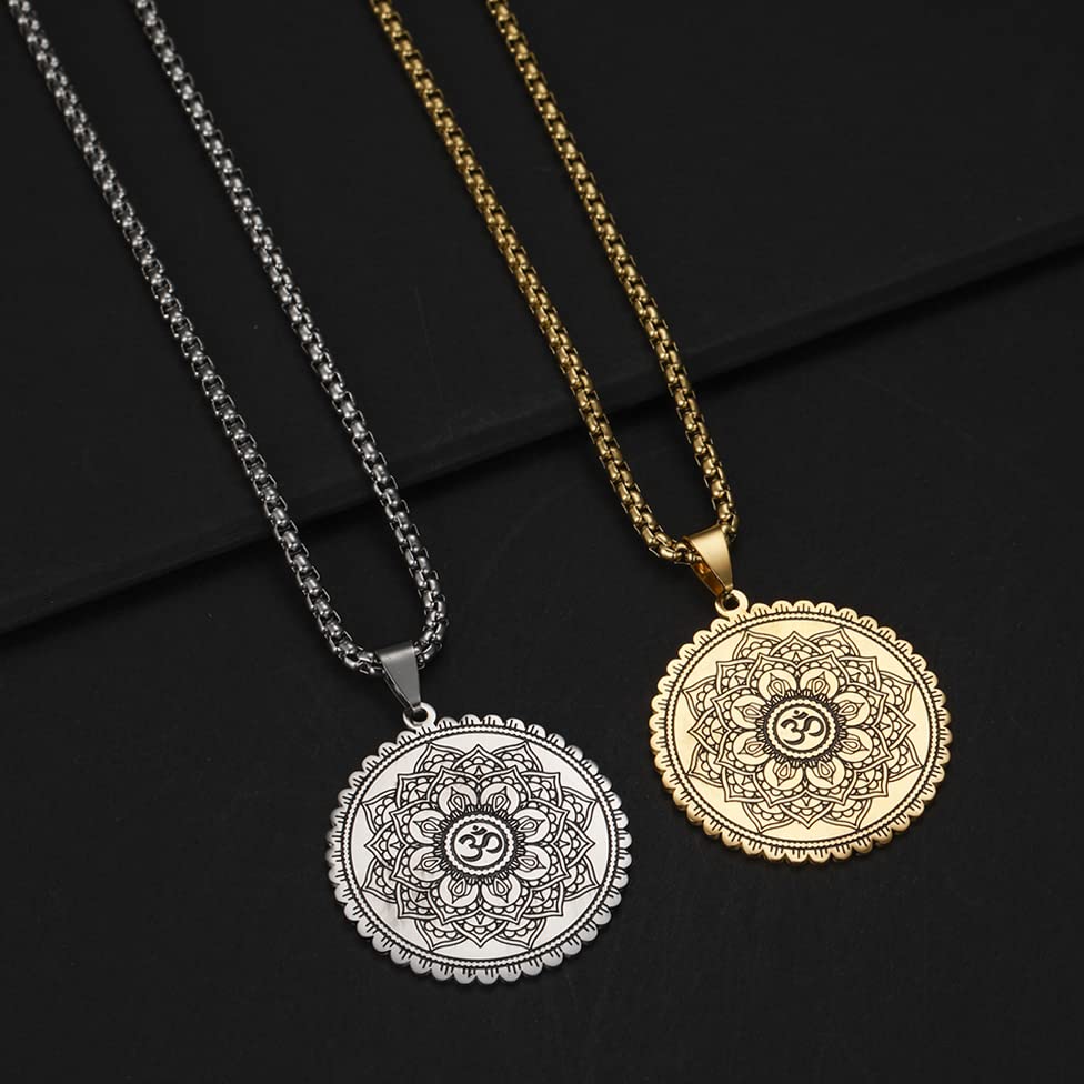 Mandala Om Aum Ohm Men's Necklace Sanskrit Symbol Om Aum Ohm Spiritual Amulet Indian Lotus Mandala Yoga Pendant Religious Jewelry Men - color: Mandala silver