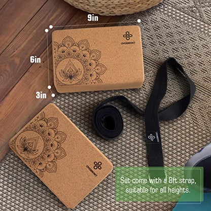 Overmont Cork Yoga Blocks 2 pack with 8ft Strap Natural Cork Bricks- High Density & Eco Friendly Yoga Accessories for Women - Ideal for Yoga Pilates General Fitness and Stretching 9x6x3''
