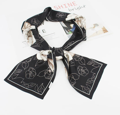 100% Silk Scarf for Women 59”*6.3” Long Shawls for Headscarf and Neck- Oblong Hair Wraps with Gift Packed - color: Black&white Camellia Flowers