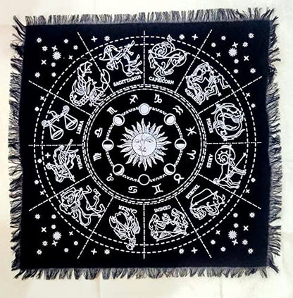 INDACORIFY Zodiac Constellation Altar Table Top Cloth with Fringes Alter Tarot Witchery Product Spread Spiritual Sacred Cloth 18x18 in (Silver Zodiac Constellation) - color: Silver Zodiac Constellation