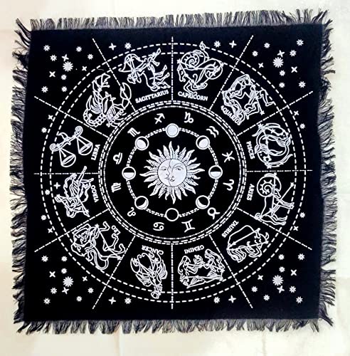 INDACORIFY Zodiac Constellation Altar Table Top Cloth with Fringes Alter Tarot Witchery Product Spread Spiritual Sacred Cloth 18x18 in (Silver Zodiac Constellation) - color: Silver Zodiac Constellation