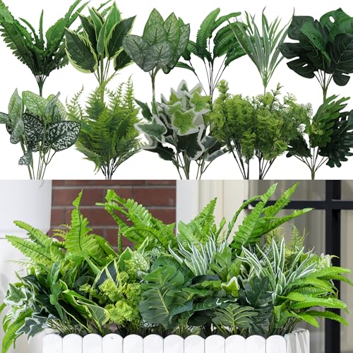 Green Moon 14 Bundles Artificial Plants Outdoor, Faux Plants Outside UV Resistant Fake Greenery Shrubs for Home Planter Garden Patio Front Porch Yard Decor - color: Greenery