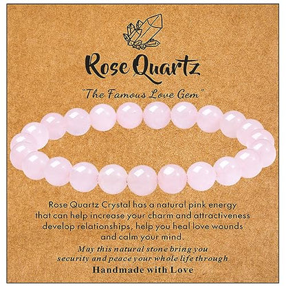 MAIBAOTA Healing Crystal Bracelet for Women Men, 8/4 mm Natural Stone Beaded Bracelets, Jewelry Birthday Gifts, Round Gemstones Stretch Bracelets - color: Pink-Rose Quartz, size: 8 mm