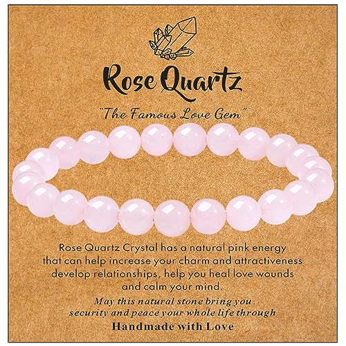 MAIBAOTA Healing Crystal Bracelet for Women Men, 8/4 mm Natural Stone Beaded Bracelets, Jewelry Birthday Gifts, Round Gemstones Stretch Bracelets - color: Pink-Rose Quartz, size: 8 mm