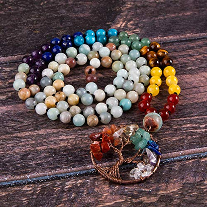 Bivei 108 Mala Beads Necklace Life Tree 7 Chakra Wrap Bracelet Real Healing Gemstone Yoga Meditation Hand Knotted Mala Prayer Bead Necklace - color: Amazonite, size: 6mm