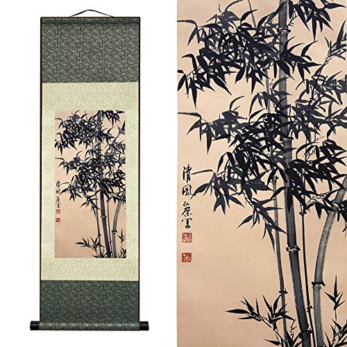 AtfArt Asian Wall Decor Beautiful Silk Scroll Painting Bamboo Leaf Plant - Ancient Bamboo Oriental Decor Chinese Art Wall Scroll Wall Hanging Painting Scroll (36.2 x 12 in) - color: C2