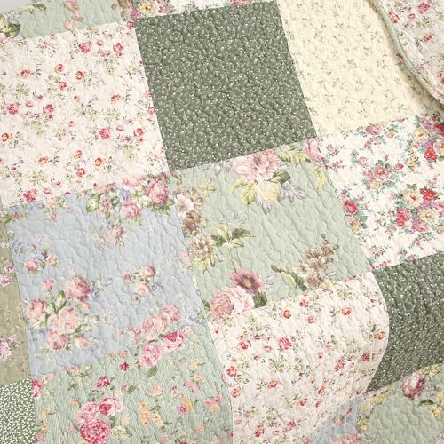 vctops 100% Cotton Quilted Throw Blanket 50x60 Inch Floral Patchwork Reversible All Season Throw (Green B,50"x60") - color: Green B