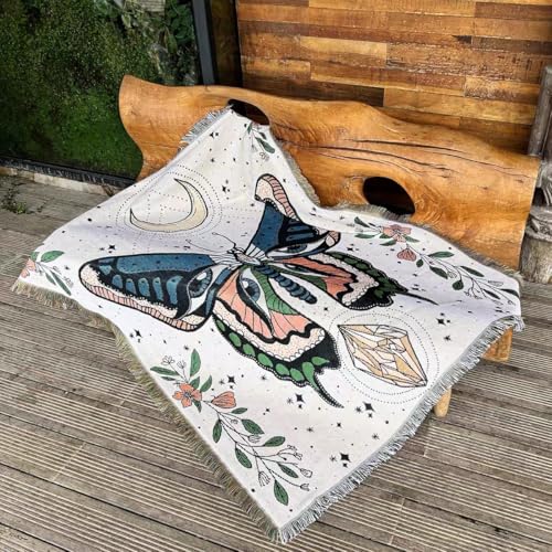 Hopstar Butterfly Throw Blanket Outdoor Blankets and Throws Boho Western Decor Cotton Woven Couch Cover Blanket for Sofa Living Room Beach Travel 51"x63" (Moth) - color: Moth, size: 51"x63"