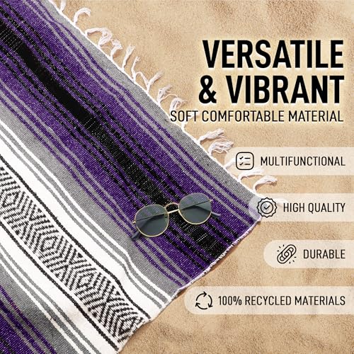 Hydration Nation Authentic Extra Large Mexican Blanket (70"x50") - Handwoven Yoga, Serape - Artisanal Falsa, Beach, Camping, Picnic, Outdoor (Purple) - color: Purple