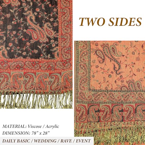 Achillea Reversible Paisley Pashmina Rave Scarf – Exotic Indian Shawls and Wraps for Evening Dresses, Festivals, All Seasons - color: Black Red