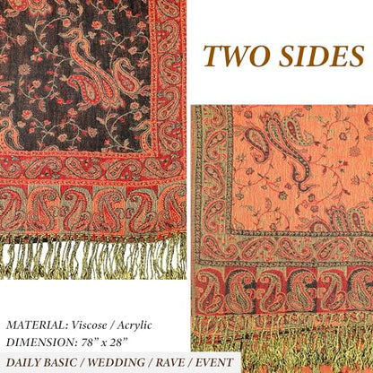Achillea Reversible Paisley Pashmina Rave Scarf – Exotic Indian Shawls and Wraps for Evening Dresses, Festivals, All Seasons - color: Black Red