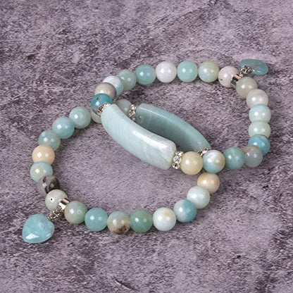 Justinstones Gem Semi Precious Gemstone Love Heart Charm Stretch Beaded Bracelet Unisex - color: Multi-color Amazonite