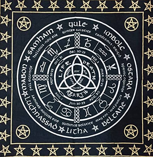 INDACORIFY Triquetra Pentacle Pegan Wheel Life Cycle Altar Table Top Cloth with Fringes Alter Tarot Witchcraft Spread Spiritual Cloth 18x18 in (Gold & Silver Pagan Wheel) - color: Gold & Silver Pagan Wheel