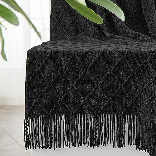inhand Knitted Throw Blankets for Couch and Bed, Soft Cozy Knit Blanket with Tassel, Black Lightweight Decorative Blankets and Throws, Farmhouse Warm Woven Blanket for Men and Women, 50"x60" - color: Black, size: 50"x60"