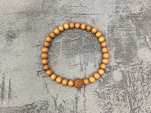Sandalwood Bracelet for Women Men Buddhist Prayer Strand Chandan Bracelet Handmade Stretchable Elastic Sandalwood Beaded Wristbands for Yoga Meditation - style: 6mm Beads + Rudraksha