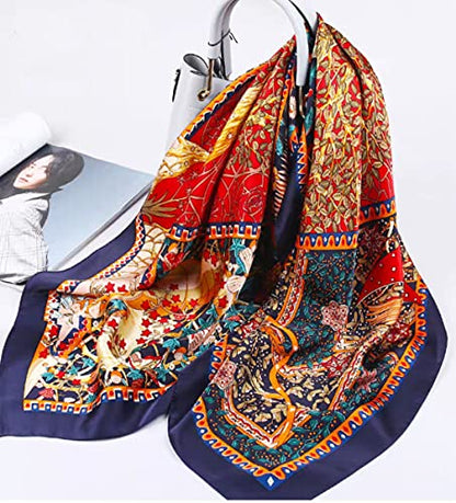 ANDANTINO 100% Silk Scarf 43" Large Square Lightweight Headscarf& Shawl–Women Hair Wraps-With Gift Packed - color: Navy Plant World