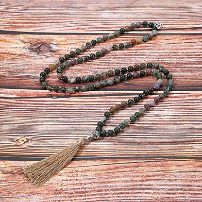 108 Mala Beads Necklace Semi-Precious Gem Stones Meditation Necklace 108 Hand Knotted Japa Mala Beaded Tassel Necklace with Tree of Life Pendant - color: Natural India Agate