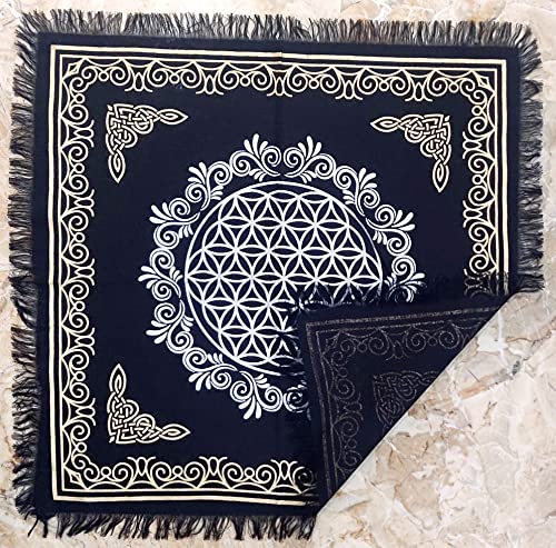 INDACORIFY Flower of Life Altar Table Top Cloth with Fringes Alter Tarot Witchcraft Spread Spiritual Sacred Cloth 18x18 in (Gold & Silver Flower of Life) - color: Gold & Silver Flower of Life