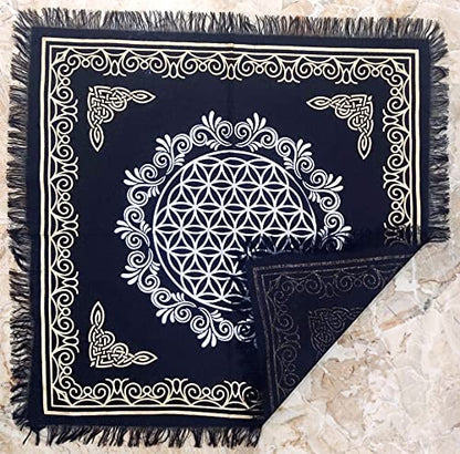 INDACORIFY Flower of Life Altar Table Top Cloth with Fringes Alter Tarot Witchcraft Spread Spiritual Sacred Cloth 18x18 in (Gold & Silver Flower of Life) - color: Gold & Silver Flower of Life