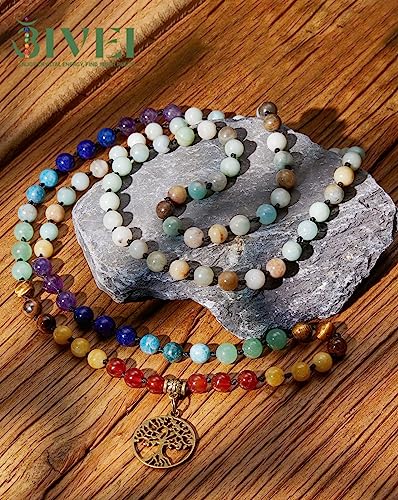 Bivei 7 Chakra 108 Mala Beads Bracelet Real Gemstone Yoga Meditation Hand Knotted Mala Prayer Bead Necklace - size: 8mm, style: Life Tree - 8mm Amazonite