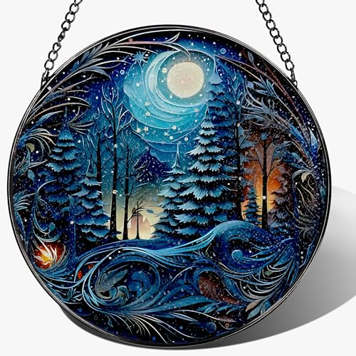 8-Inch Starry Night Forest Suncatcher Ornament, Stained Glass Window Hanging & Stained Glass Holiday Ornament, Sun Catcher Window Decor — Magical Gift for Nature Lovers, Gifts for Christmas & Holidays - color: Moonlit Forest