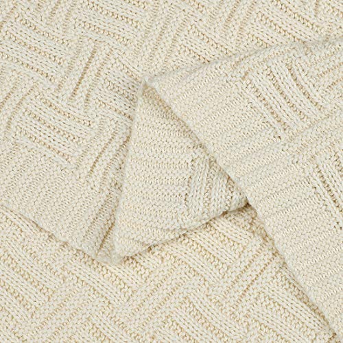 uxcell 100% Cotton Cable Knit Throw Blanket,Soft Lightweight Lap Blanket,Textured Solid Sofa Throw Couch Cover Decors Knitted Blankets, Beige 50"x 60" - color: Beige