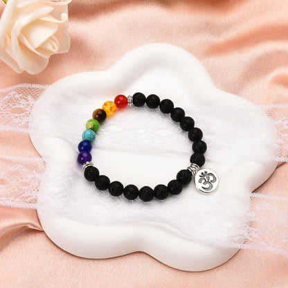 Chakra Bracelets for Women Men 8mm Buddhist Yoga Bead Bracelet with Black Lava Stone Bracelet Elastic Meditation Accessories - color: Color A