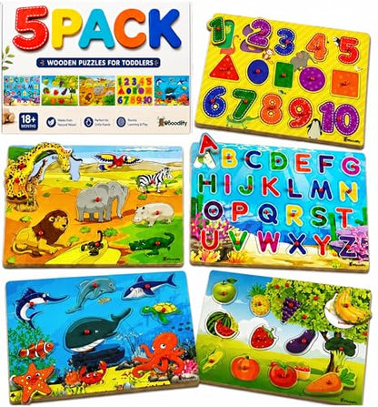 5 Pack Wooden Peg Puzzles for Toddlers 1-3 - Toddler Puzzles with Alphabet Numbers & Animals — Baby Wood Puzzle Gift - Puzzles for Toddlers 2-4 - Puzzles for Kids Ages 3-5 Learning Toys Boys and Girls