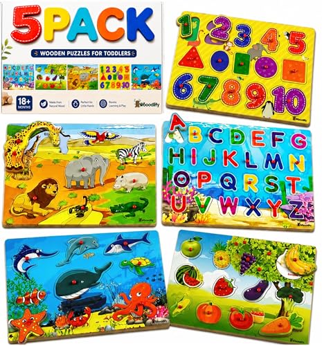 5 Pack Wooden Peg Puzzles for Toddlers 1-3 - Toddler Puzzles with Alphabet Numbers & Animals — Baby Wood Puzzle Gift - Puzzles for Toddlers 2-4 - Puzzles for Kids Ages 3-5 Learning Toys Boys and Girls