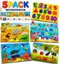 5 Pack Wooden Peg Puzzles for Toddlers 1-3 - Toddler Puzzles with Alphabet Numbers & Animals — Baby Wood Puzzle Gift - Puzzles for Toddlers 2-4 - Puzzles for Kids Ages 3-5 Learning Toys Boys and Girls