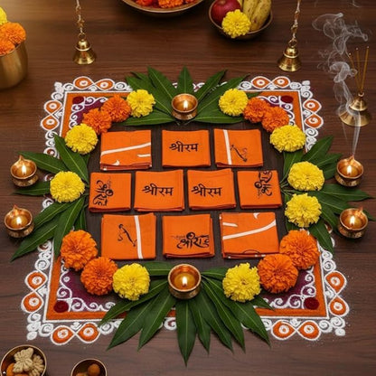 Lord Ram Pooja Cloth Cotton 20 Inch Bhagwa Orange Rumal Pack of 12 Hindu Prayer Cloth for Mandir Havan Altar Cover