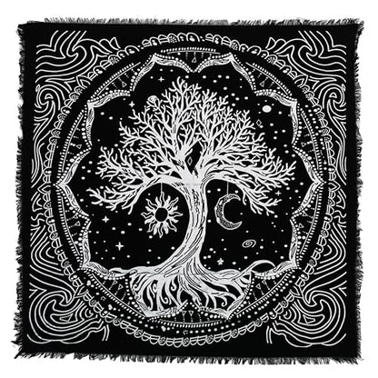 Indian Consigners Tree of Life Altar Cloth Tapestry Tablecloth Celtic Trees Ritual Spiritual Cloth for Sacred Places, Cotton Square Tarot Table Cover 24 by 24 Sacred - color: Silver Sun Moon Tree, size: 24" x 24" (Square)