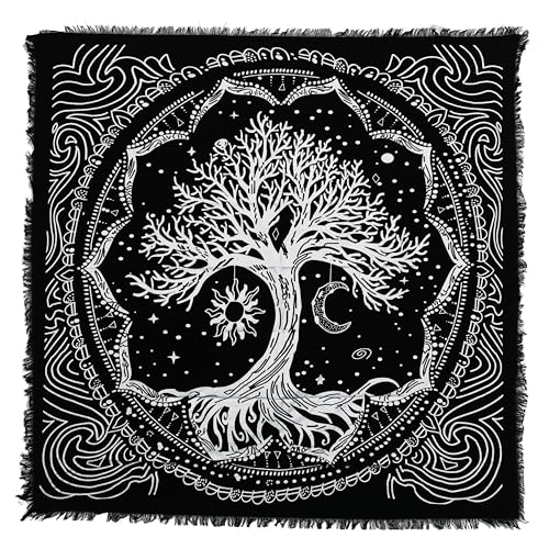 Indian Consigners Tree of Life Altar Cloth Tapestry Tablecloth Celtic Trees Ritual Spiritual Cloth for Sacred Places, Cotton Square Tarot Table Cover 24 by 24 Sacred - color: Silver Sun Moon Tree, size: 24" x 24" (Square)