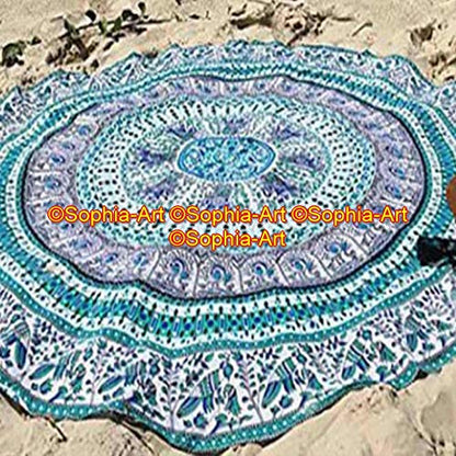 Sophia-Art Green Yoga Mat Beach Picnic Mat Multi-Purpose Cotton Mandala Throw Round Yoga Round Cotton Bohemian Blanket Tablecloth Gypsy Circle Meditation Spread Towel Round (Pattern009, 72 Inches) - size: 72" (Round)