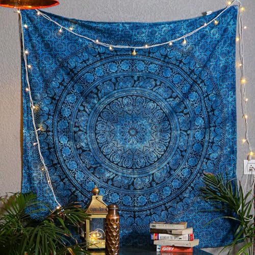Craft Trade Indian Cotton Mandala Wall Hanging Tapestry for Aesthetic Boho Hippie Living Room, Meditation & Bedroom Décor - Blue - 50x60 Inches - color: Blue, size: 50"L x 60"W