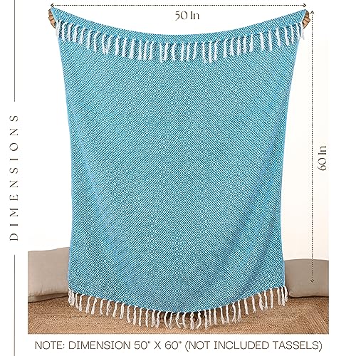 RAJRANG Throw Blanket Cotton with Tassel - 50x60 Inches Soft 100% Cotton Boho Decorative Farmhouse Throw for Bed Sofa Chairs and Couch Caribbean Sea Blue