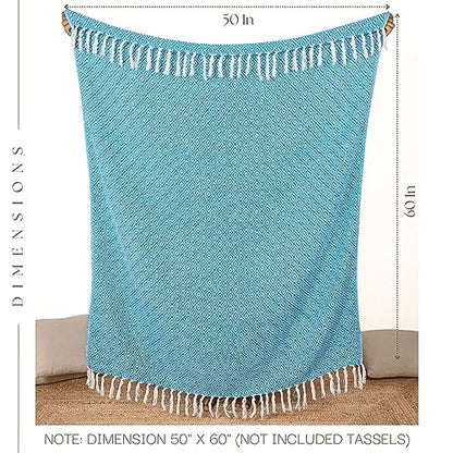 RAJRANG Throw Blanket Cotton with Tassel - 50x60 Inches Soft 100% Cotton Boho Decorative Farmhouse Throw for Bed Sofa Chairs and Couch Caribbean Sea Blue